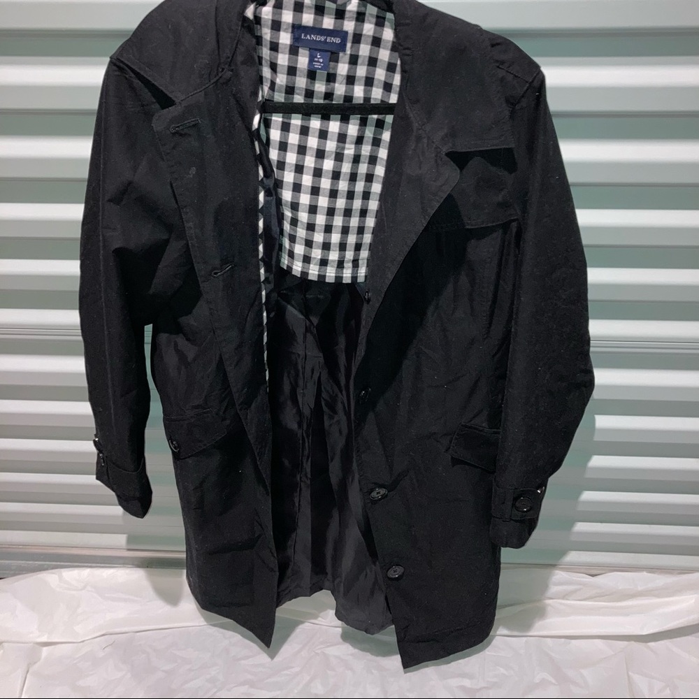 Land’s End Coat Women’s Size Large 14/16 Black Full Button Up Belted Trench Coat